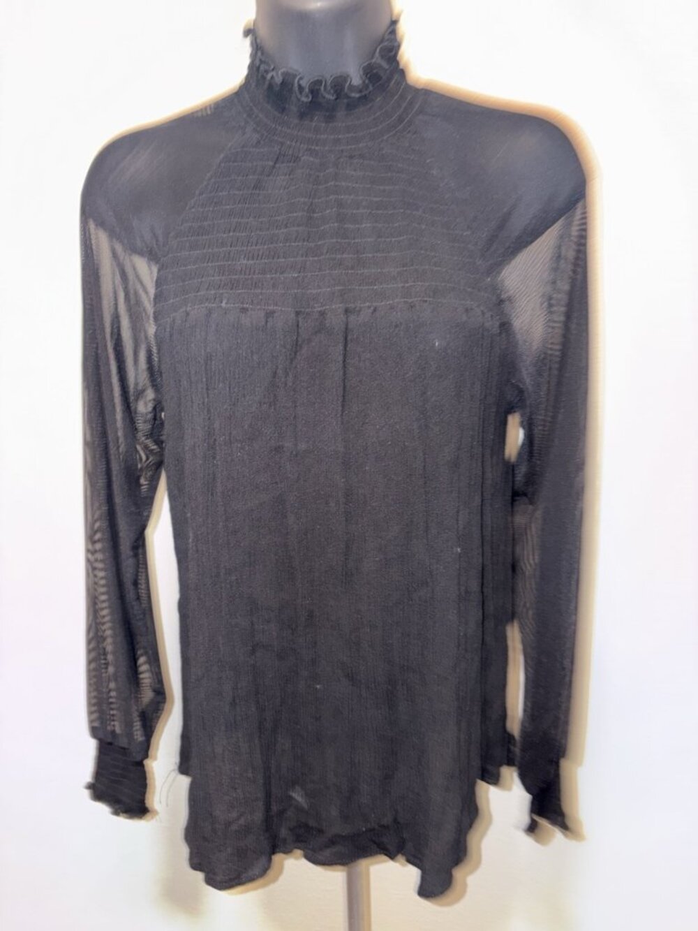 Heart Hips Blouse High Neck Top Women’s M Medium Ruffle Sheer Sleeves Black